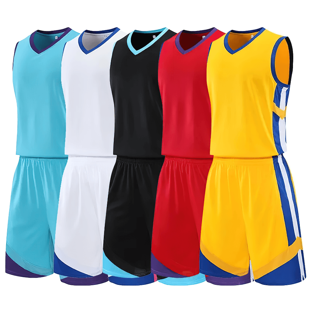 Basketball Jersey and Shorts Set for Running Sport - SF4568 in various colors including blue, white, black, red, and yellow.