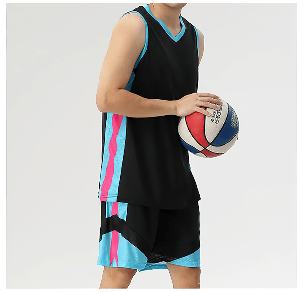 Basketball Jersey and Shorts Set for Running Sport - SF4568, featuring a black sleeveless jersey and colorful shorts.