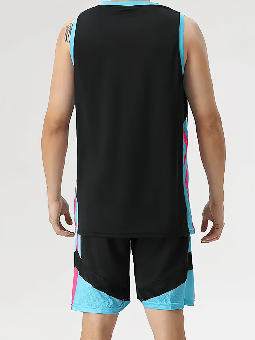 Basketball Jersey and Shorts Set for Running Sport - SF4568, men's black and blue color block athletic wear.