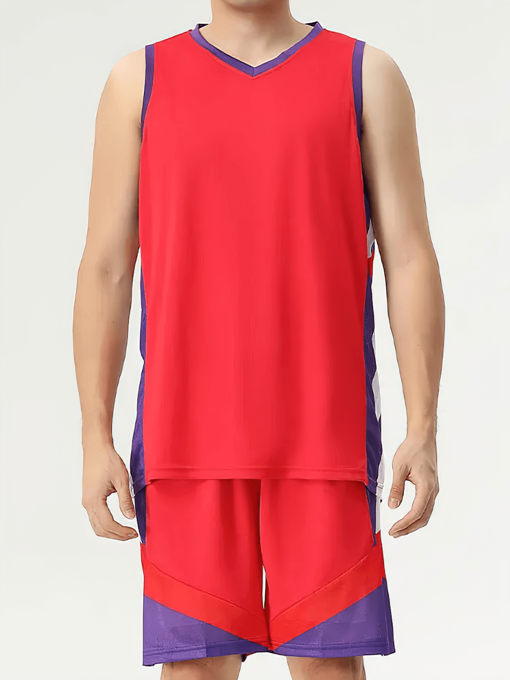 Basketball Jersey and Shorts Set for Running Sport - SF4568 in vibrant red and purple color block design.