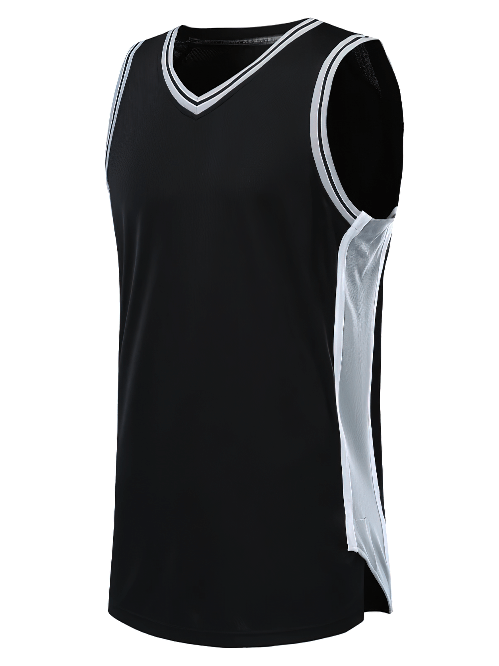 Basketball Training Tank with Mesh Sides and V-Neck - SF4091, men's breathable gym wear for sports and workouts, black with white trim