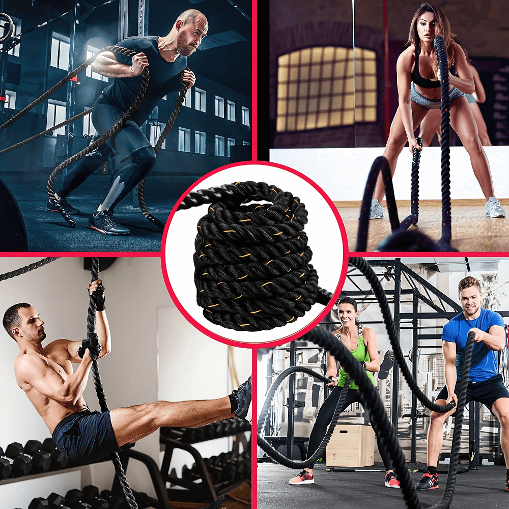 Athletes using heavy-duty battle training rope for strength and core workouts in gym setting with close-up of woven design.