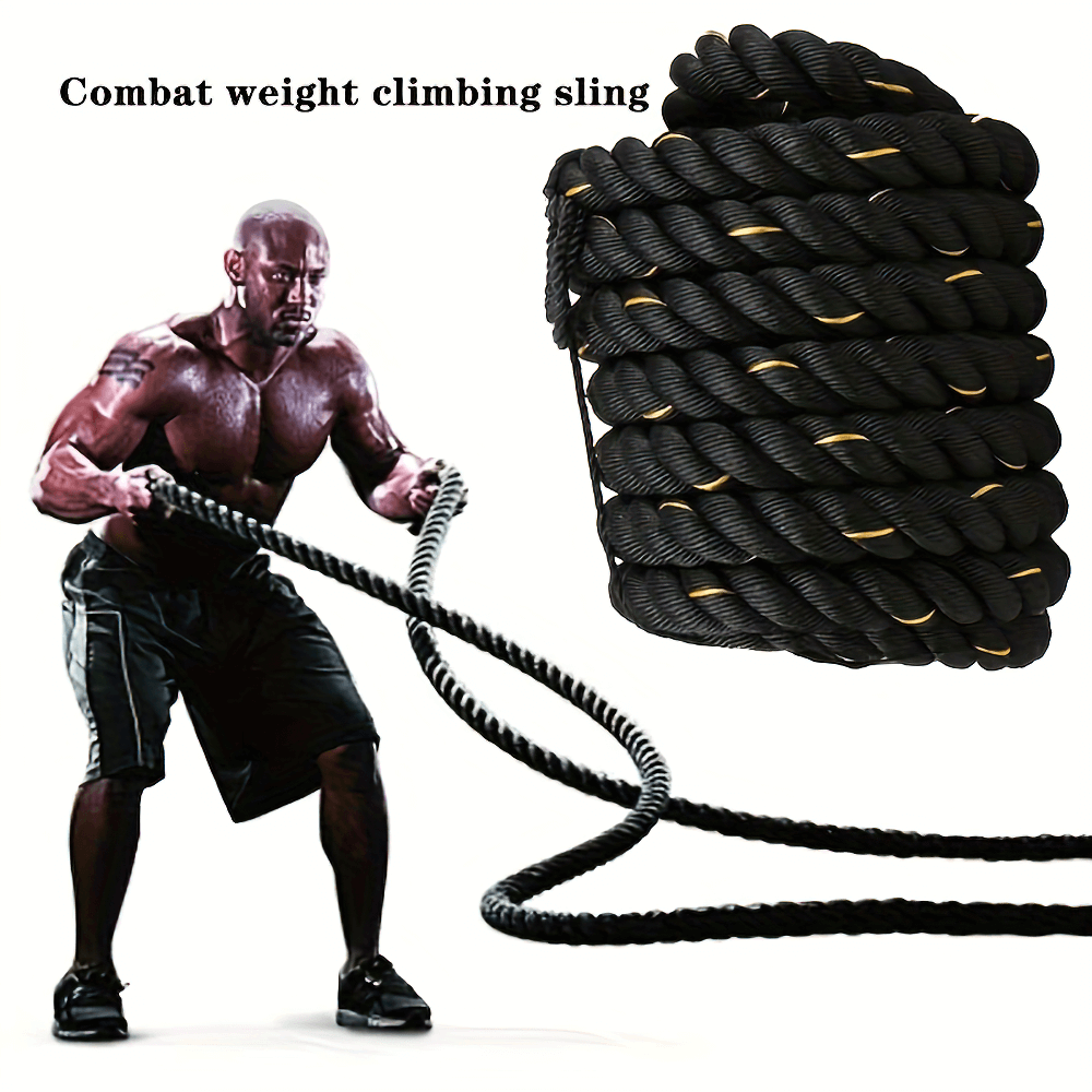 Man using Battle Training Rope for strength and core workout, showcasing heavy-duty design and intense exercise potential.