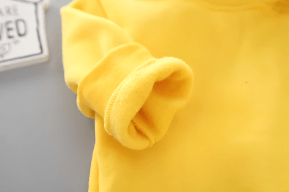 Bear Ears Hoodie with Zip and Side Slits - SF3655 in vibrant yellow fabric close-up showing soft, durable material for kids.