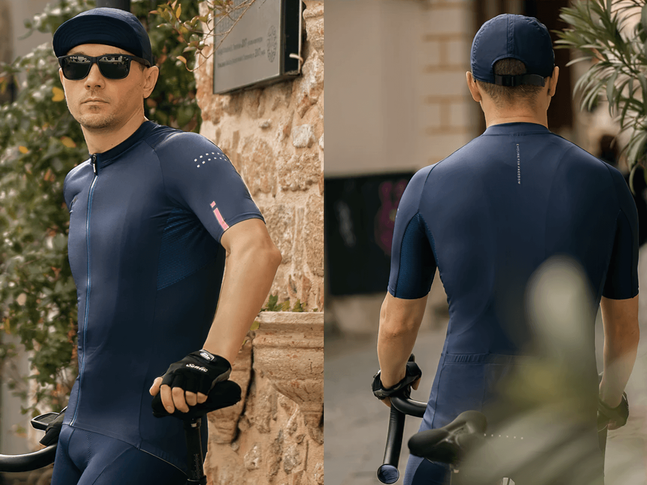 Cyclist in blue short-sleeved bike apparel set, SF2598, featuring breathable top and 4D gel padded bib shorts for summer rides.