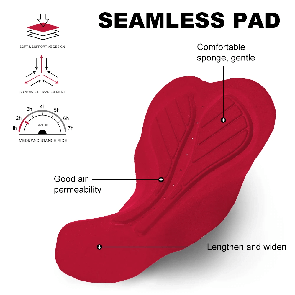 Red seamless pad for men's cycling apparel, featuring comfort, air permeability, and moisture management for medium-distance rides.