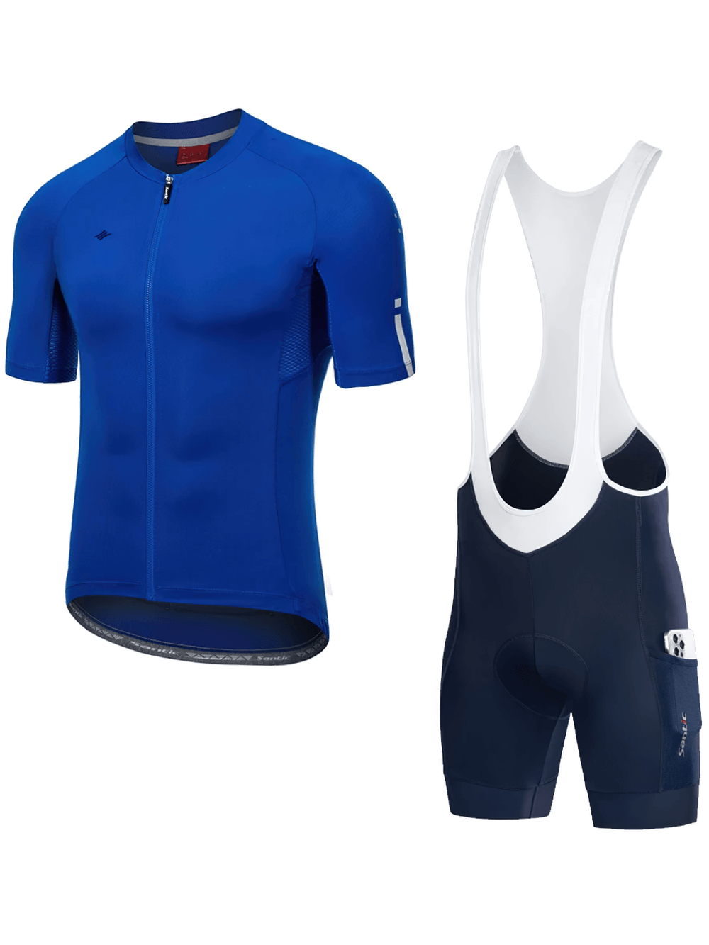 Men's blue cycling apparel set - short sleeve top and padded bib shorts, SF2598, ideal for summer rides, quick-dry performance gear.