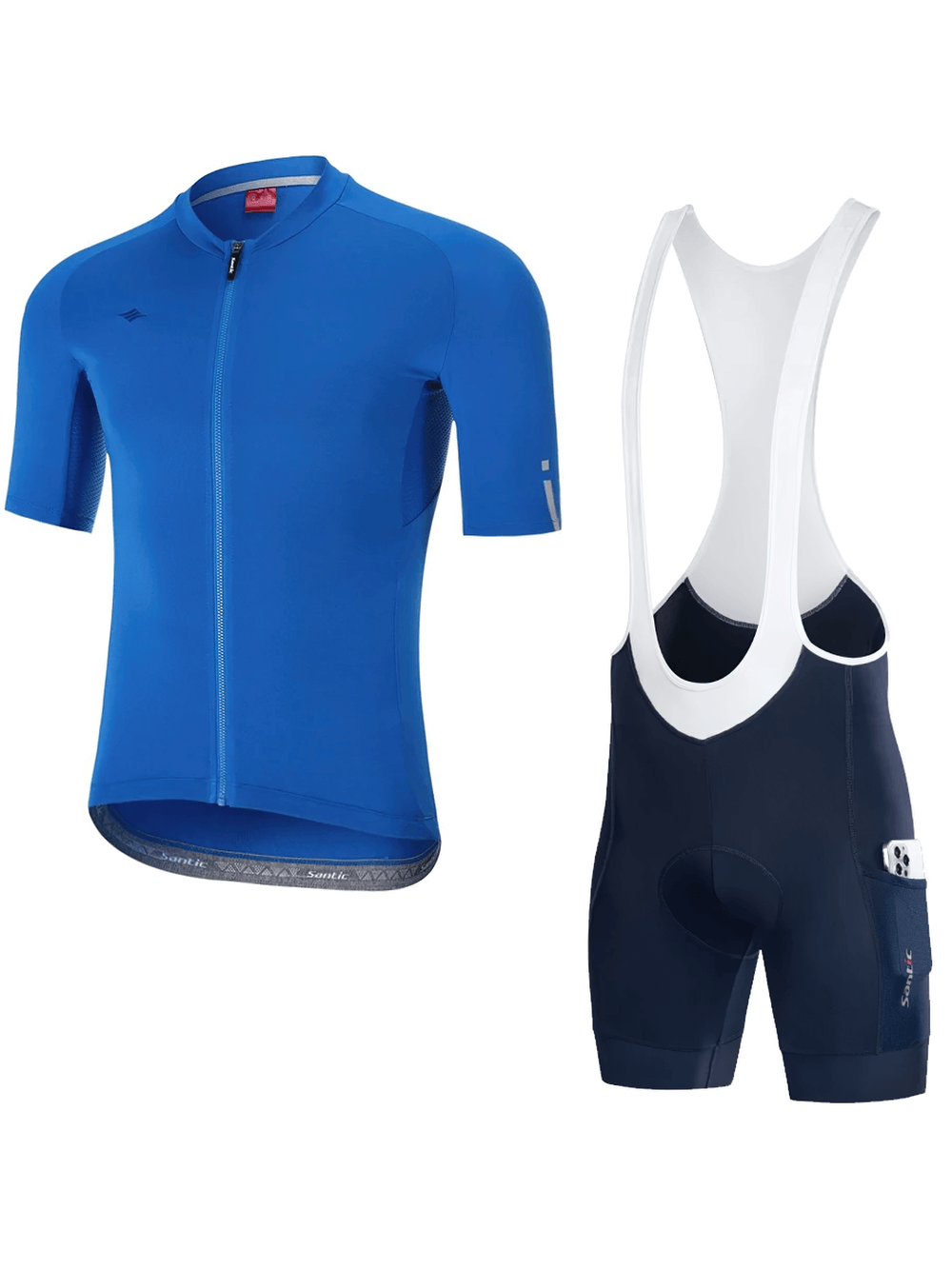 Blue men's cycling apparel set with short-sleeve top and padded bib shorts, perfect for summer rides and high-performance biking.