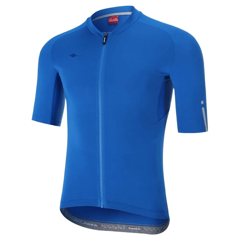 Men's short sleeve cycling top in blue with full zipper, perfect for summer rides. Quick-drying 100% polyester for performance and comfort.