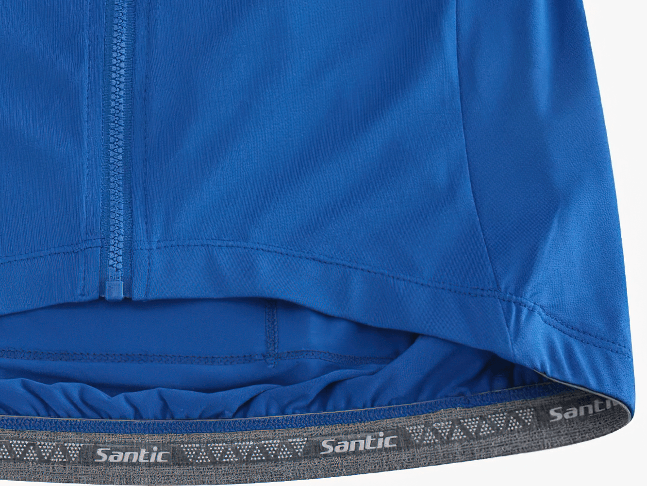 Close-up of blue men's cycling top with full zipper, part of MTB bike apparel set SF2598, featuring quick-dry polyester material.