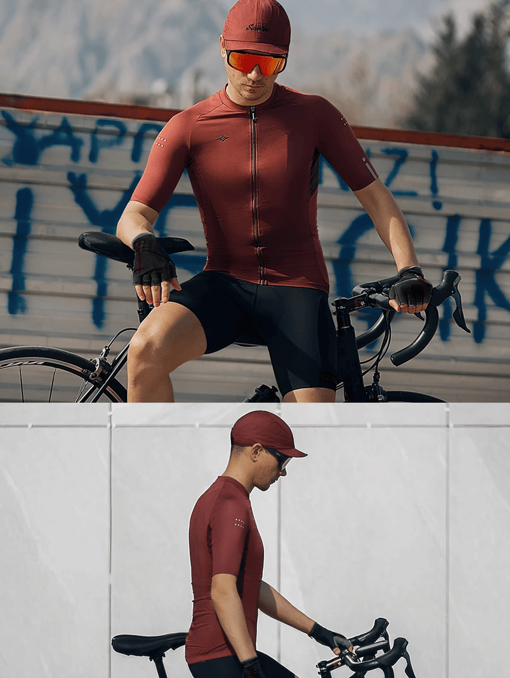 Cyclist wearing SF2598 bike apparel set with short sleeves, ideal for summer rides, featuring padded bib shorts in a dynamic outdoor setting.