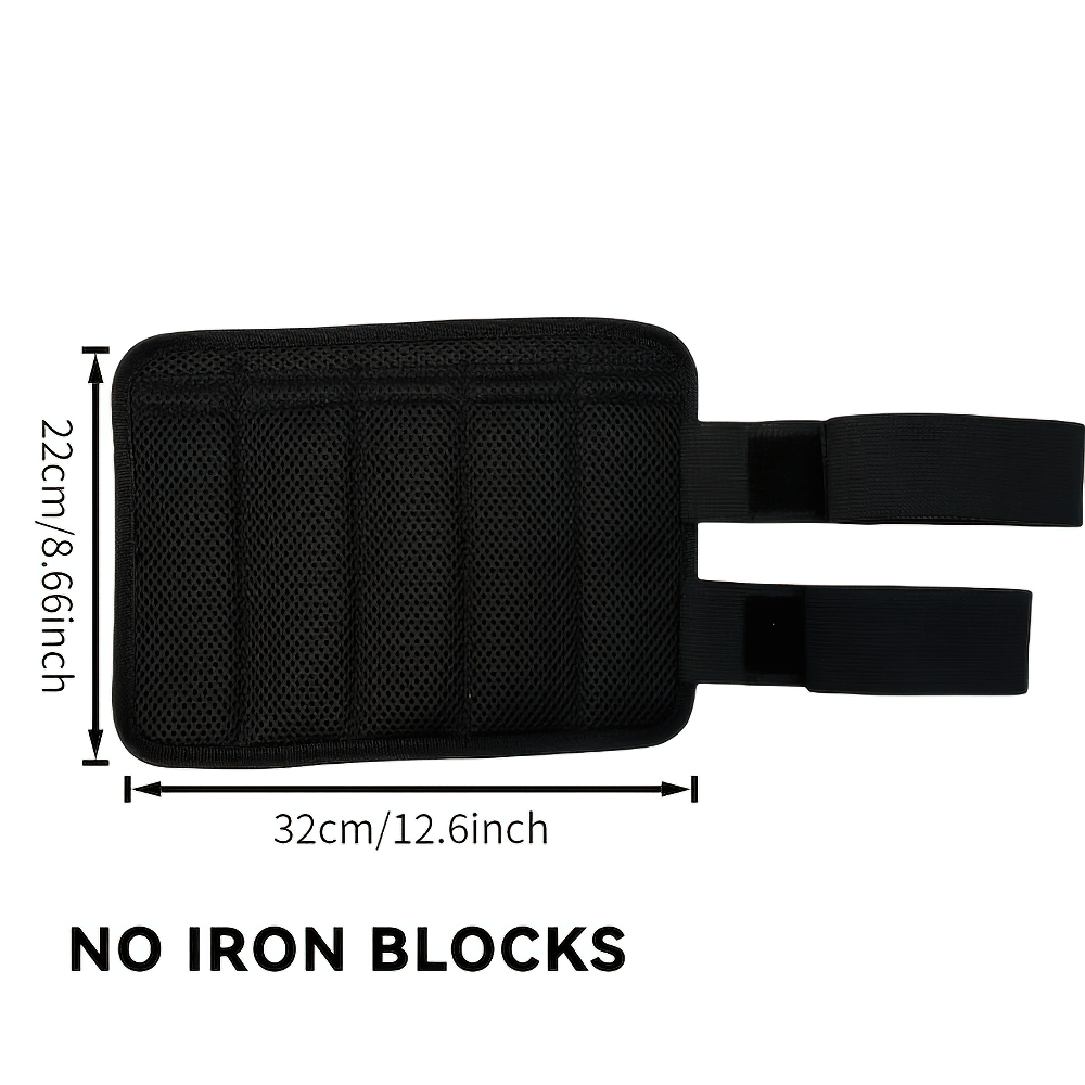 Black adjustable weighted armband with dimensions shown, durable nylon, for fitness training, no iron blocks included.