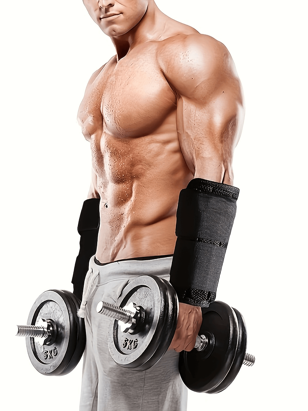 Man wearing black adjustable weighted armbands while holding dumbbells, showcasing fitness training equipment in action.