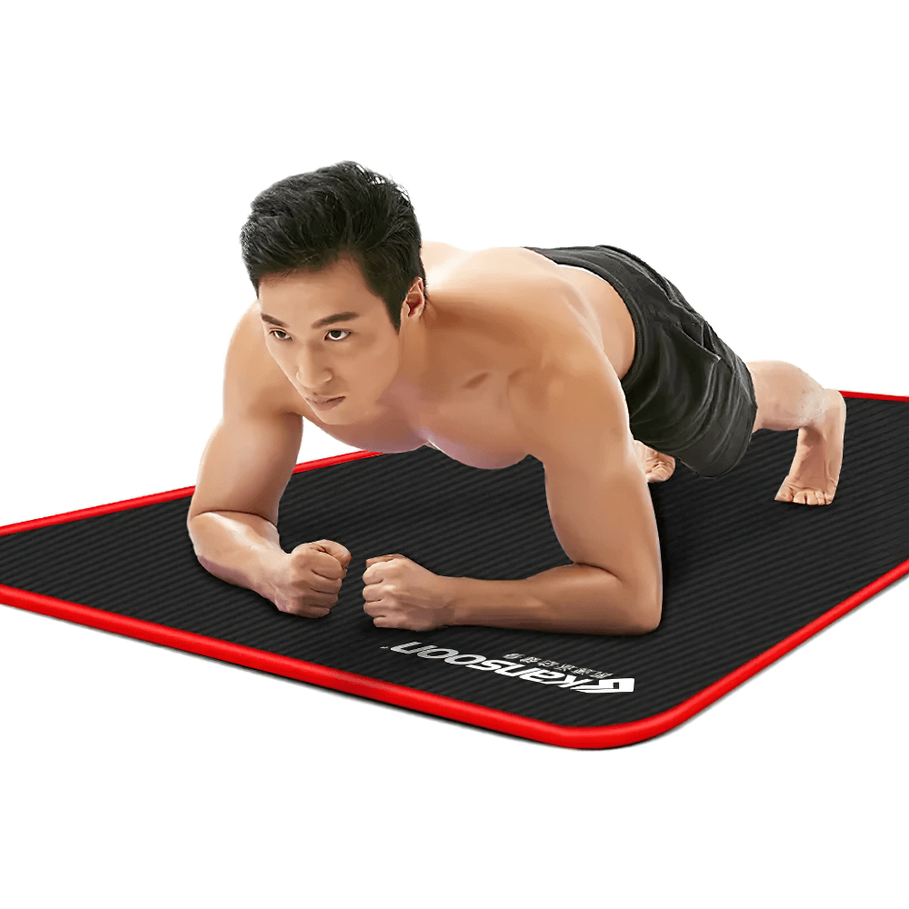 Man planking on black and red SF3277 non-slip yoga mat, ideal for fitness, pilates, and stretching, with durable eco-friendly material.