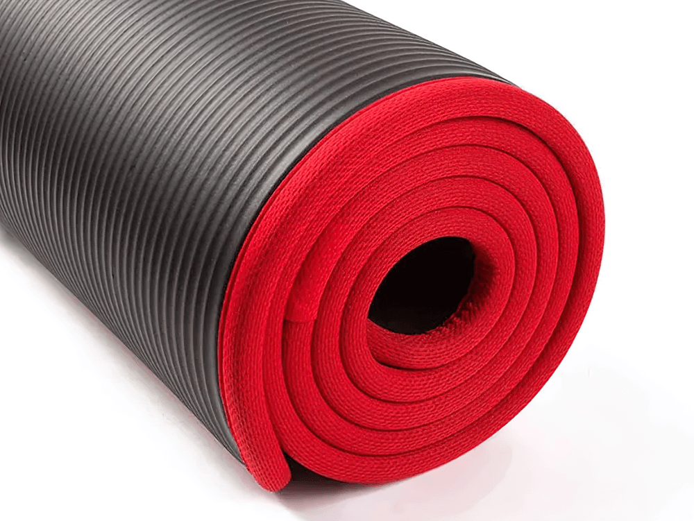 Black and red non-slip thick yoga mat rolled up, SF3277 model, ideal for fitness and pilates with eco-friendly, durable material.