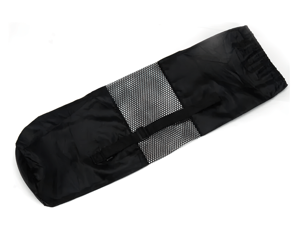 Black yoga mat carrier bag with mesh panel for ventilation, perfect for carrying yoga, Pilates, or fitness mats with ease.