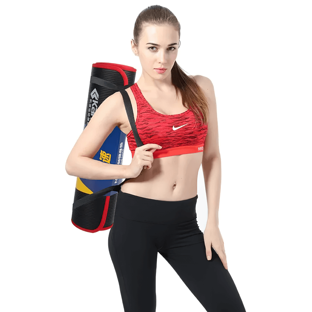 Woman holding black and red non-slip yoga mat SF3277, wearing activewear, ready for fitness session. Perfect for yoga or pilates.