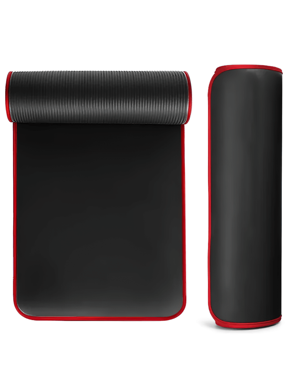 Black and red eco-friendly yoga mat, non-slip and thick for fitness, pilates, and stretching, rolled and unrolled views, model SF3277.