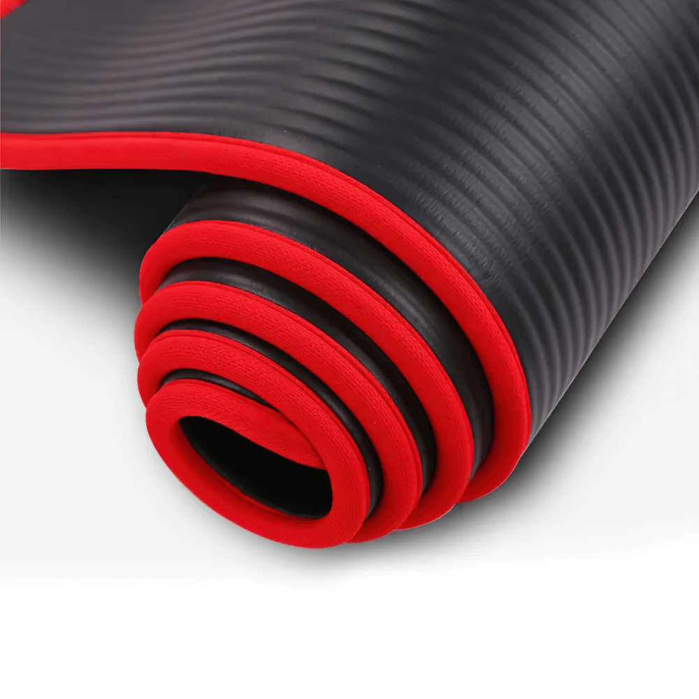 Black and red non-slip thick yoga mat, rolled up, showcasing durable eco-friendly surface for fitness and pilates, model SF3277.