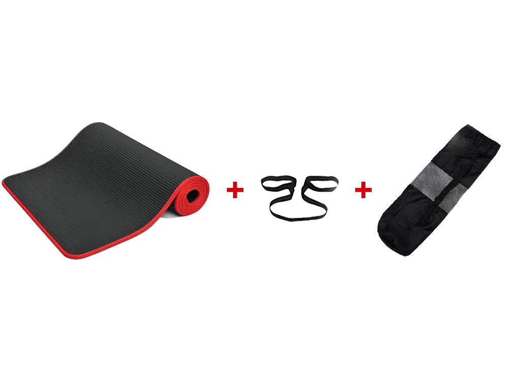 Black and red non-slip yoga mat set with strap and carry bag for fitness, pilates, and exercise workouts - SF3277.