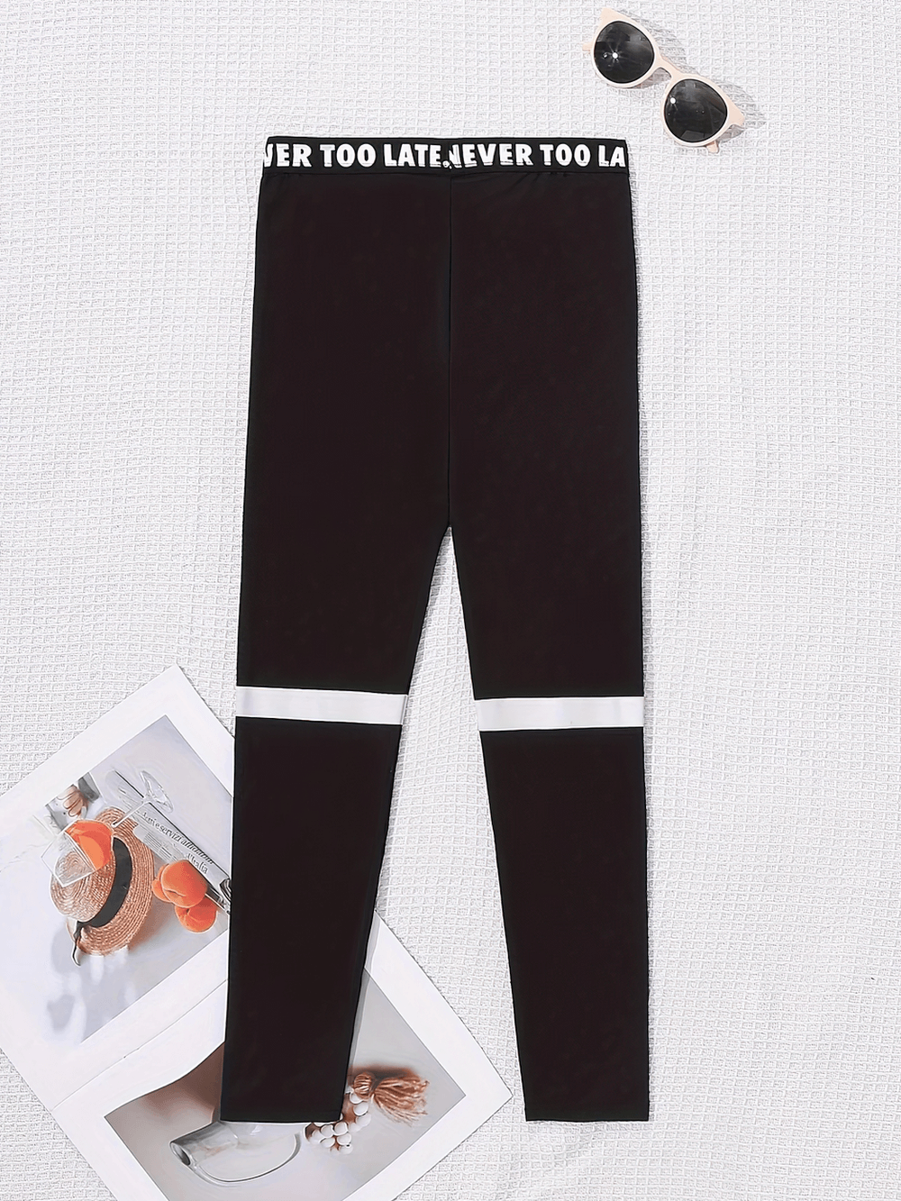 Black and White Contrast Waistband Sports Leggings - SF3675 with 'Never Too Late' motivational design.