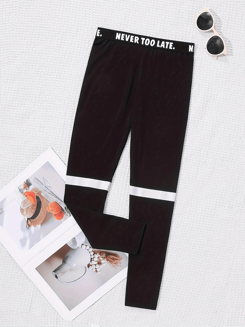 Black and White Contrast Waistband Sports Leggings - SF3675 with motivational "Never Too Late" print, perfect for yoga and gym.
