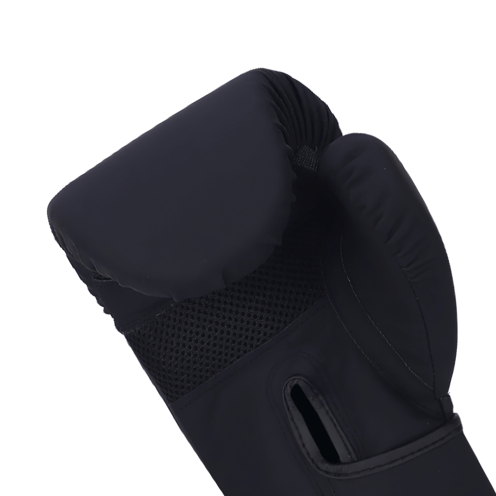 Black PU leather boxing glove with hook and loop strap and breathable design for training and sparring.
