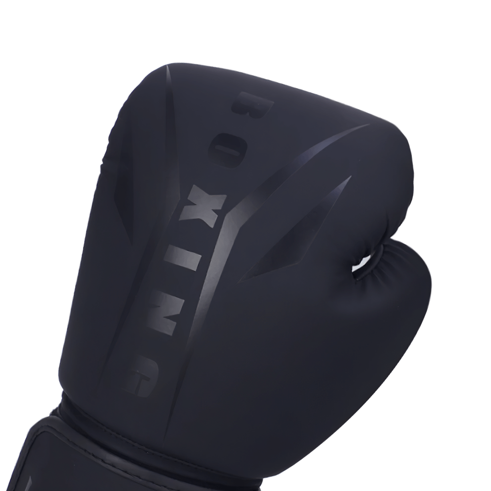 Matte black PU leather boxing glove with hook and loop strap, perfect for sparring and combat training. SF3135 model.