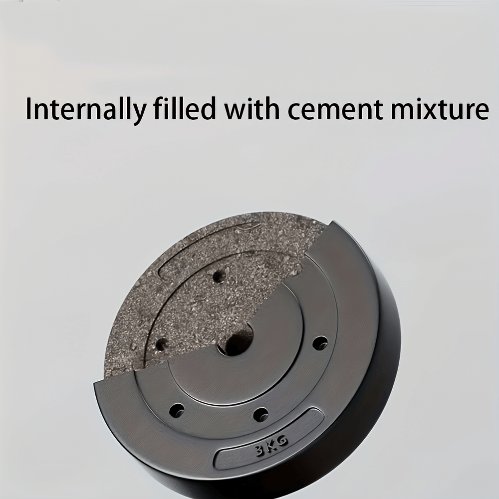 Cutaway view of black dumbbell weight plate SF2930, showing internal cement mixture for durability.