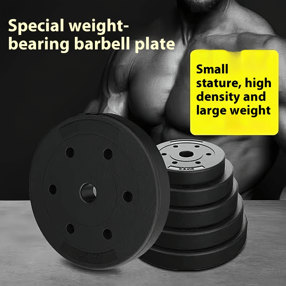 Black dumbbell weightlifting plates stacked, with fitness model background. High-density, durable PE material for gym or home workouts.