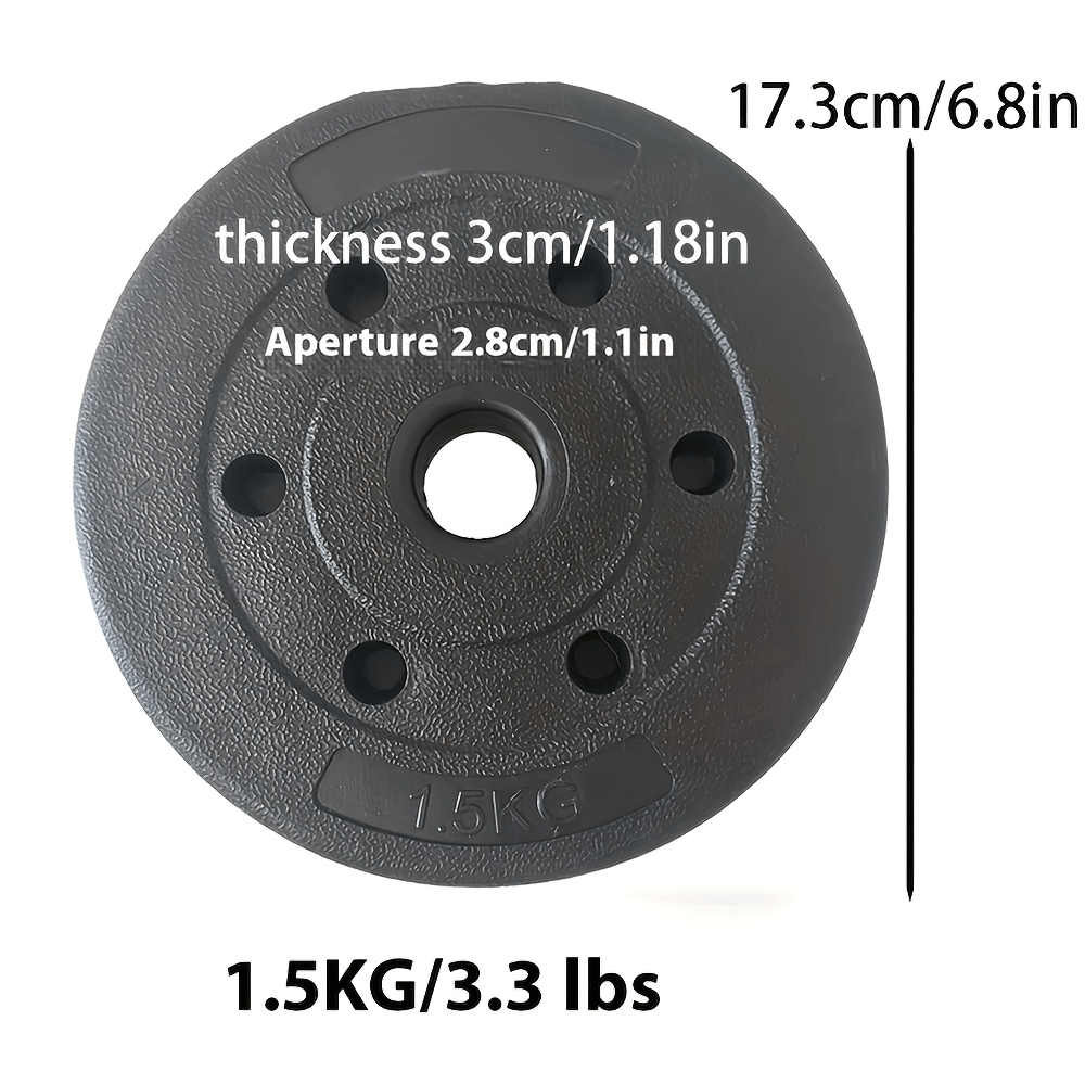 Black 3.3 lb dumbbell weight plate, PE material, 1.1 inch diameter hole, 1.18 inch thick, 6.8 inch diameter, ideal for strength training.