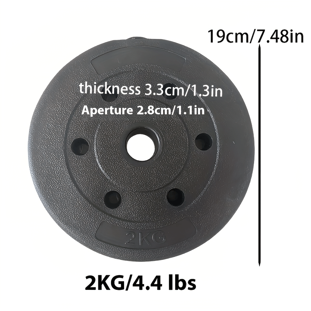 Black 2KG dumbbell plate, 19cm diameter, 3.3cm thick with 2.8cm aperture, perfect for weightlifting and home gym workouts.