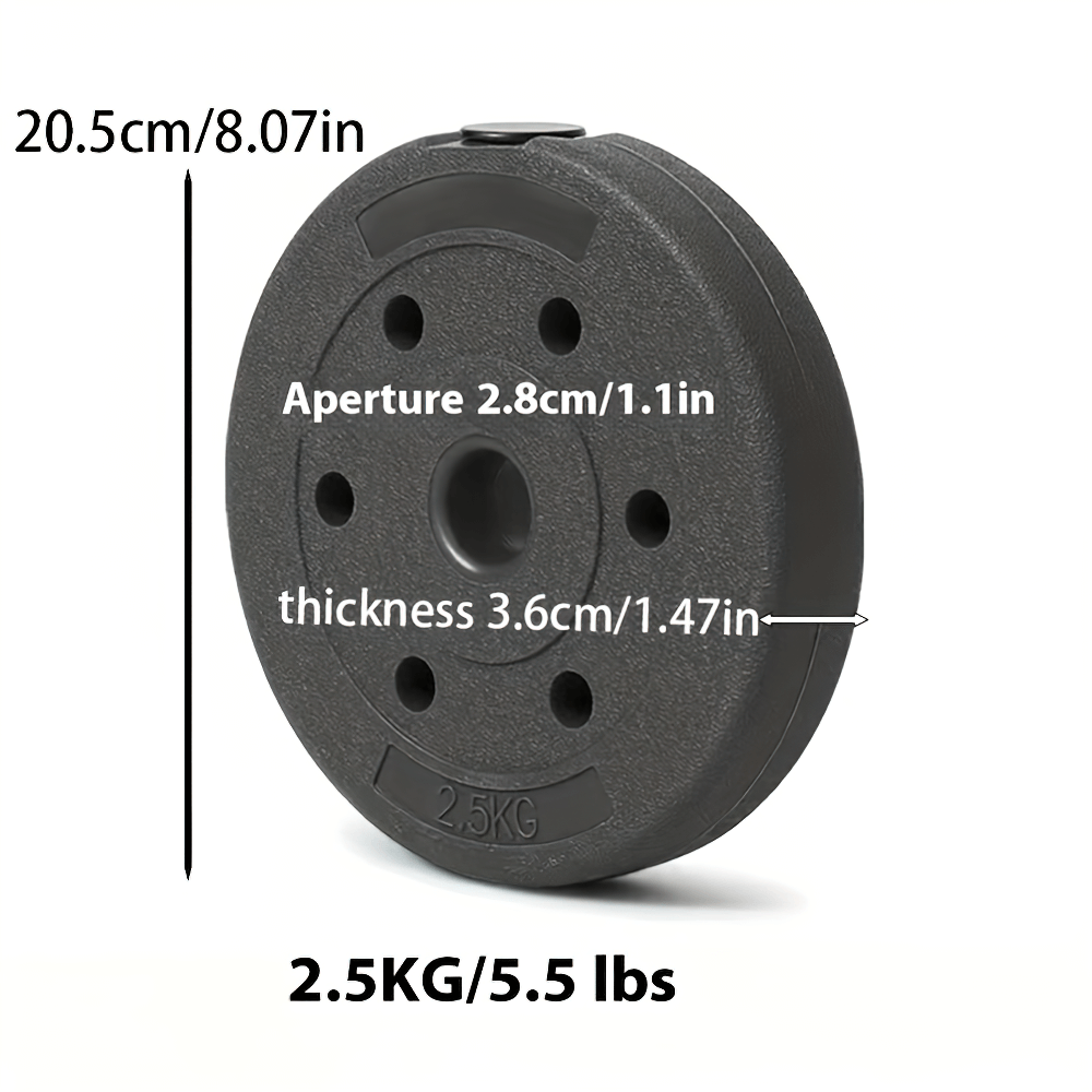 Black 5.5lb PE dumbbell weight plate with dimensions: diameter 8.07in, aperture 1.1in, thickness 1.47in. Ideal for strength training.