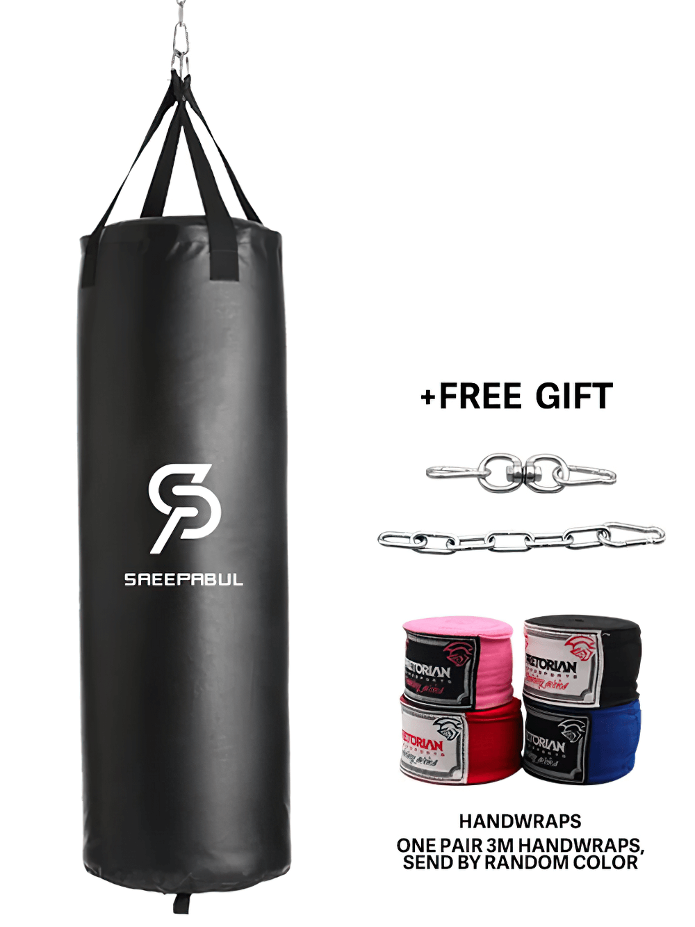 Black hanging boxing punching bag SF2721 with free handwraps and chain connectors, perfect for intense training sessions.