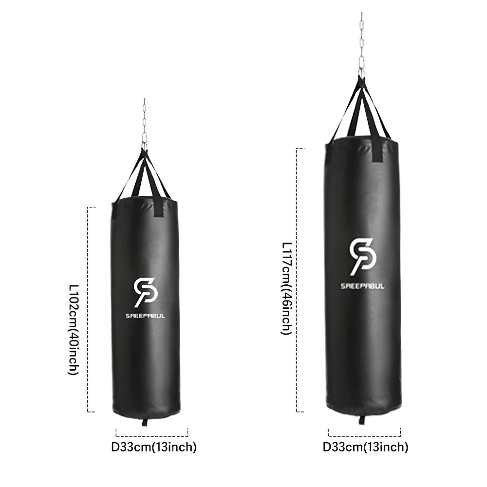 Black unfilled heavy-duty boxing punching bags in two sizes with reinforced stitching and hanging straps. Ideal for intense training.