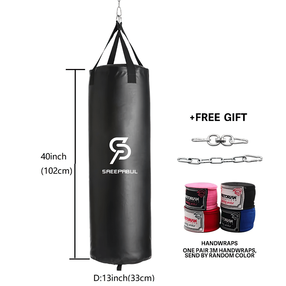 Black unfilled hanging boxing punch bag SF2721 with handwraps - perfect for training and fitness workouts.
