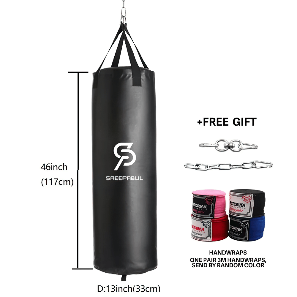 Black hanging boxing punching bag SF2721 with free handwraps and chain, ideal for MMA training and fitness workouts.
