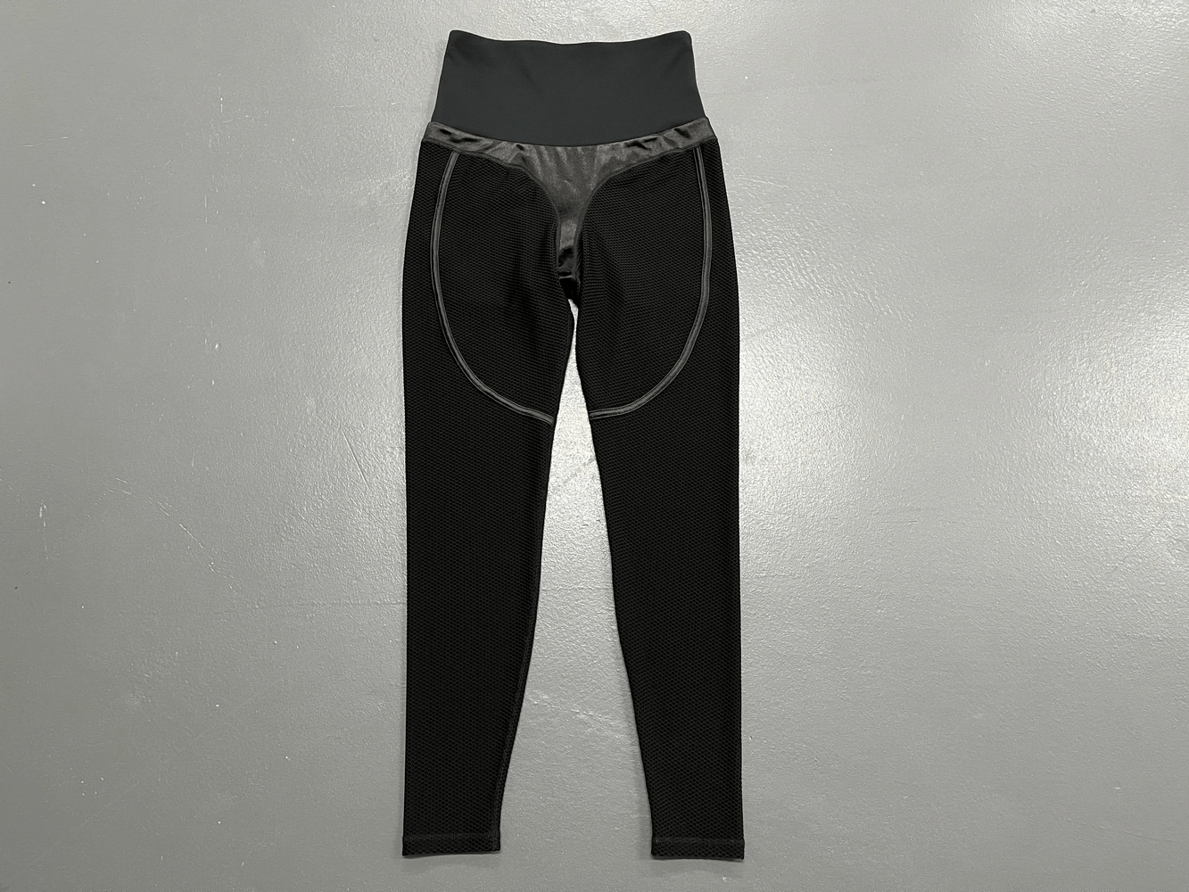 Black High Waist Mesh Yoga Leggings for Women - SF3999 with ultra-thin mesh panels, offering high waist support and sleek silhouette.