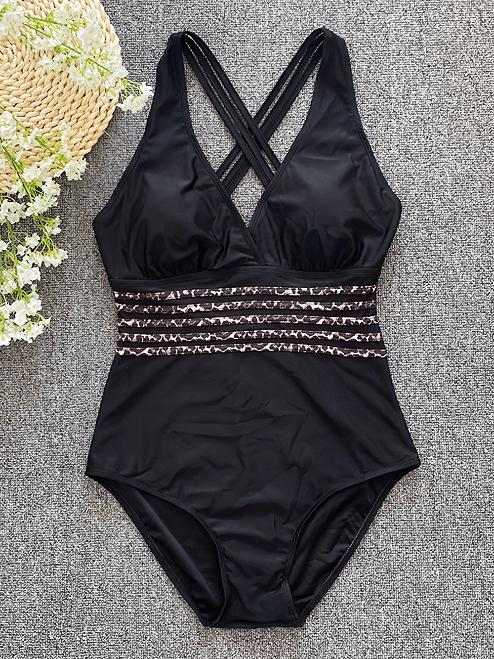 Black Leopard Trim Cross Back One Piece Swimsuit - SF4618 featuring leopard trim and stylish cross-back straps.