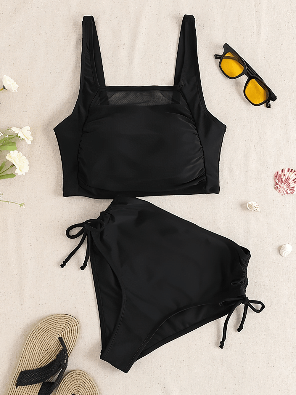 Black Mesh Panel High Waist Two Piece Swimsuit - SF4682 on sandy background with sunglasses and sandals.