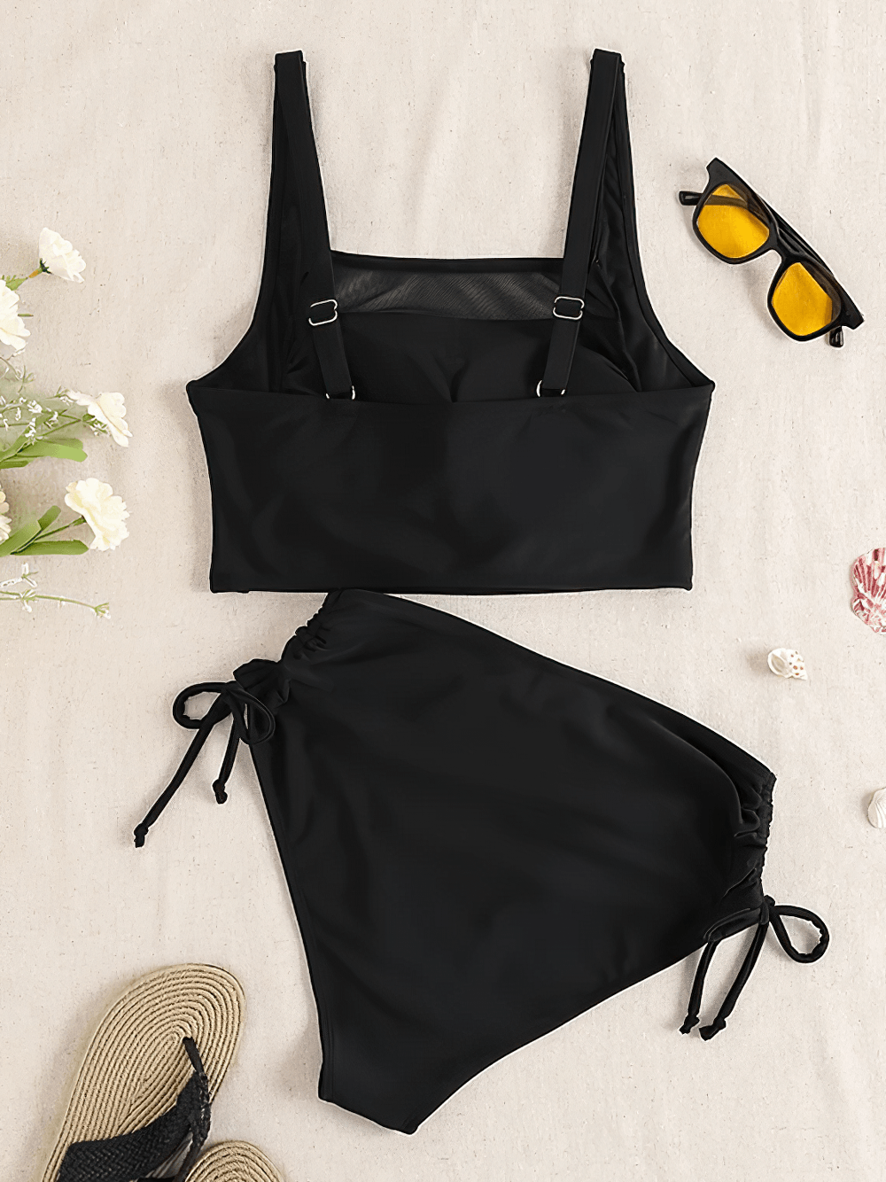Black Mesh Panel High Waist Two Piece Swimsuit - SF4682 displayed with crop top and high-waist bottoms on a sandy surface.