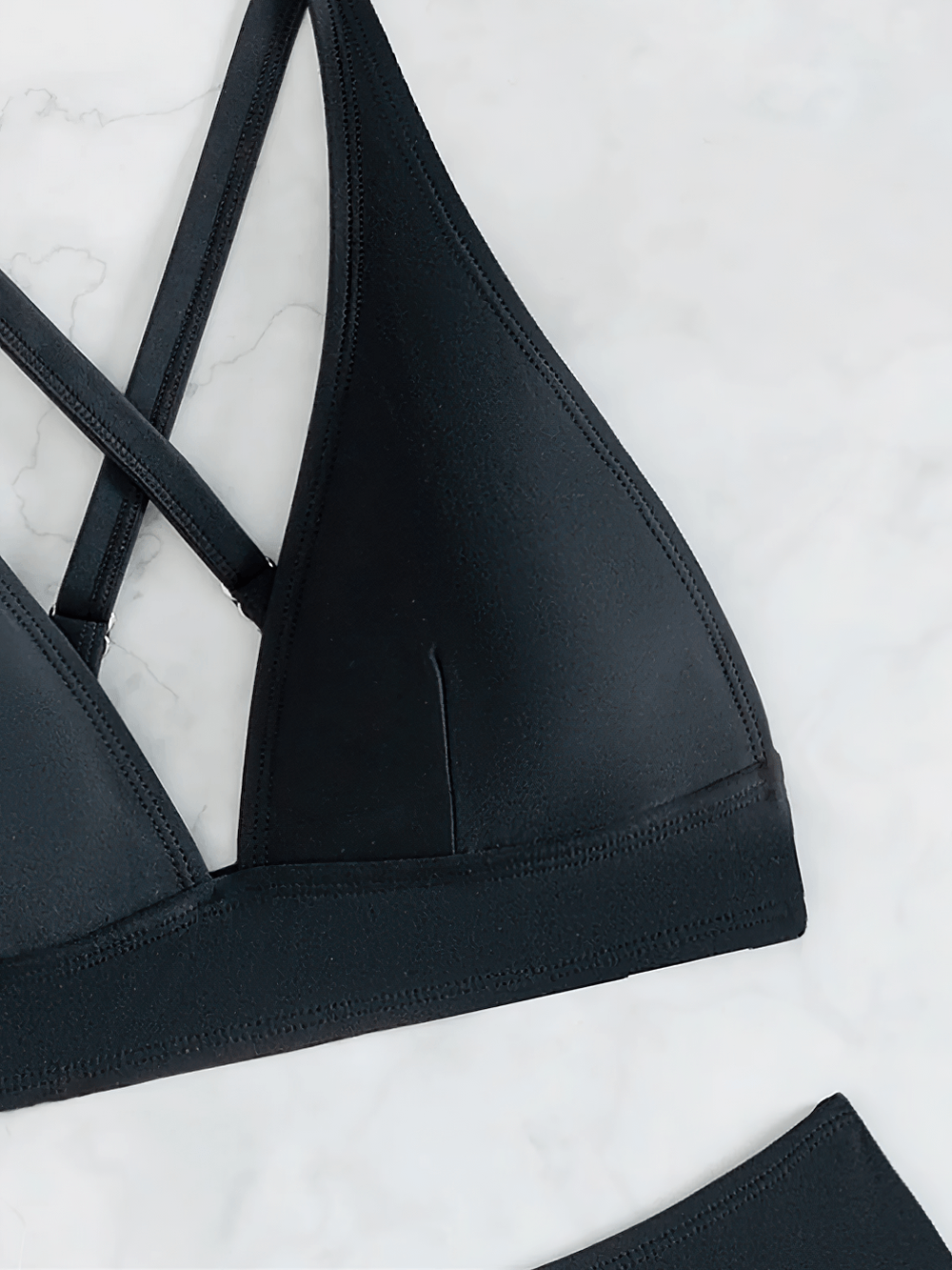 Black Plunge Bikini Set with Mid Waist Bottoms - SF4757 close-up of adjustable cross-back bikini top