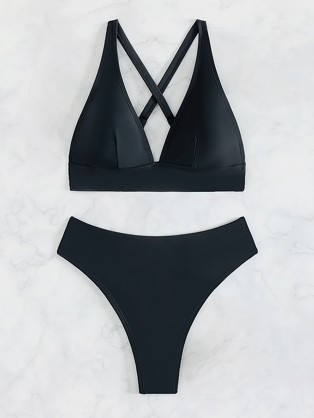 Black Plunge Bikini Set with Mid Waist Bottoms - SF4757, featuring cross-back design and flattering mid-waist bottoms.