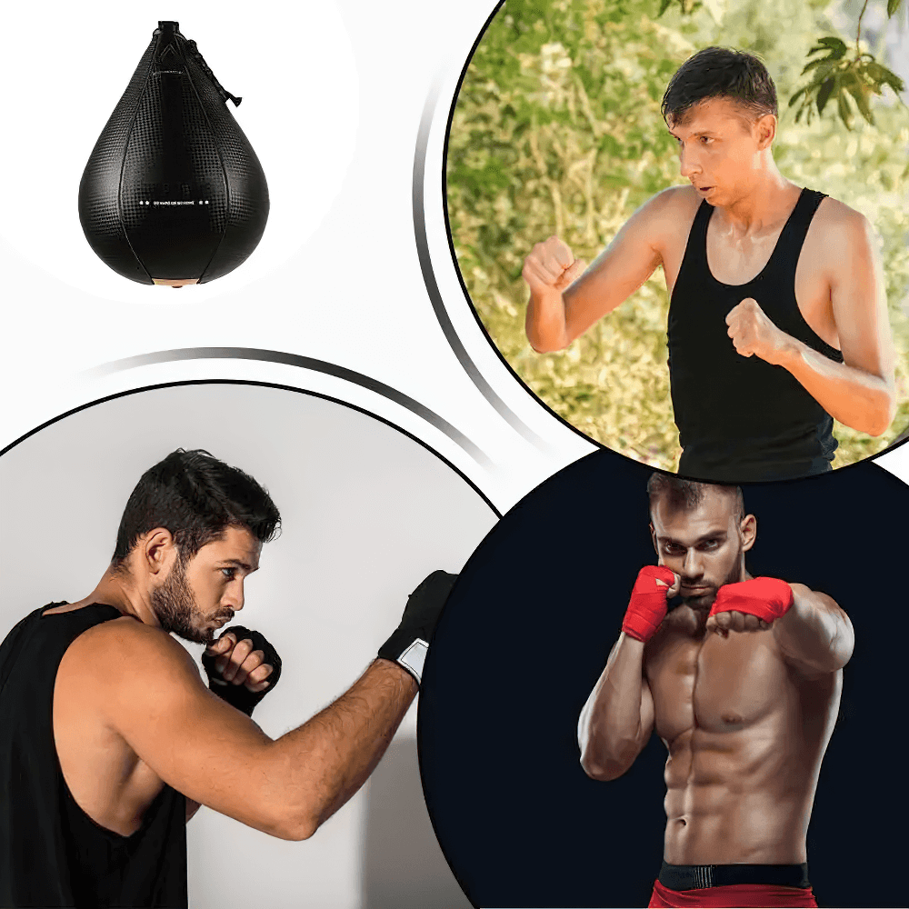 Boxers training with black PU speed ball for reflex and precision boxing drills.