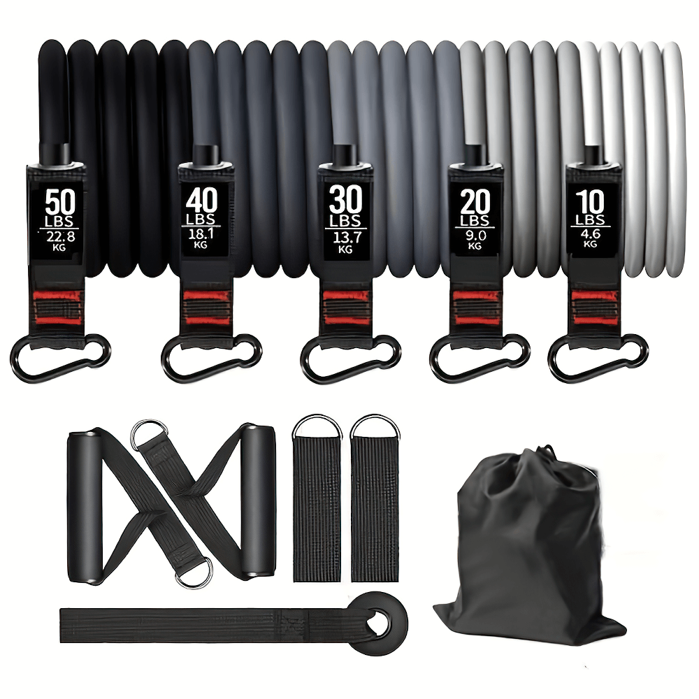 Set of 11 adjustable black resistance bands with handles, ankle straps, and bag for versatile strength training and muscle toning.