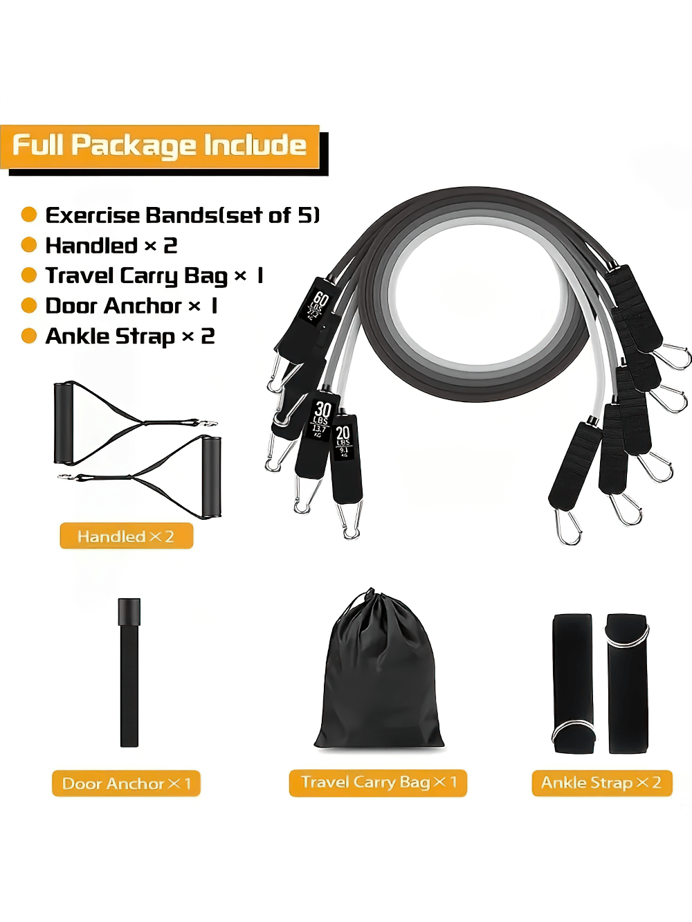 Full set of 5 black resistance bands with handles, door anchor, travel bag, and ankle straps for strength training SF3005.