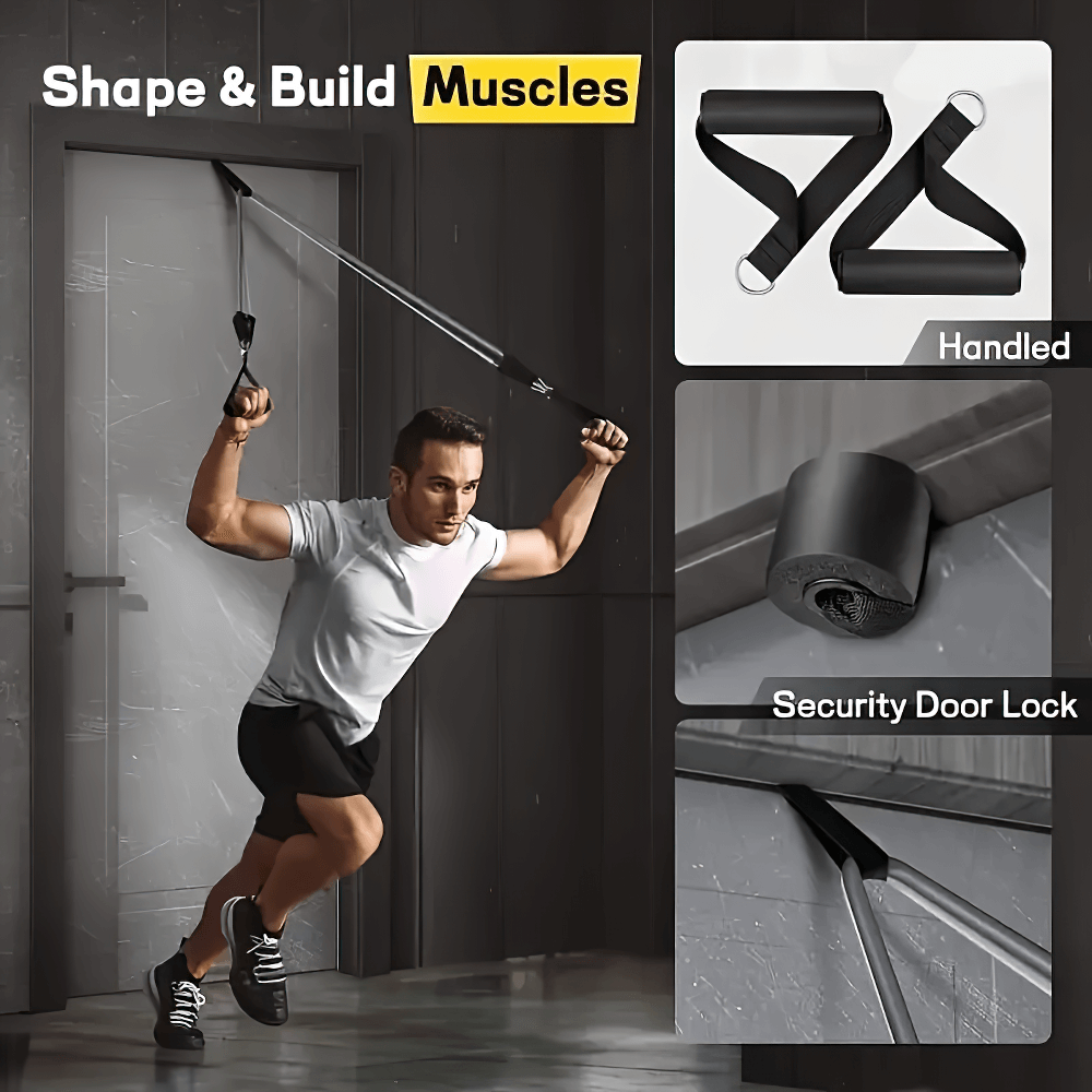 Man using SF3005 black resistance bands for muscle building; includes handles and door lock for strength training flexibility.