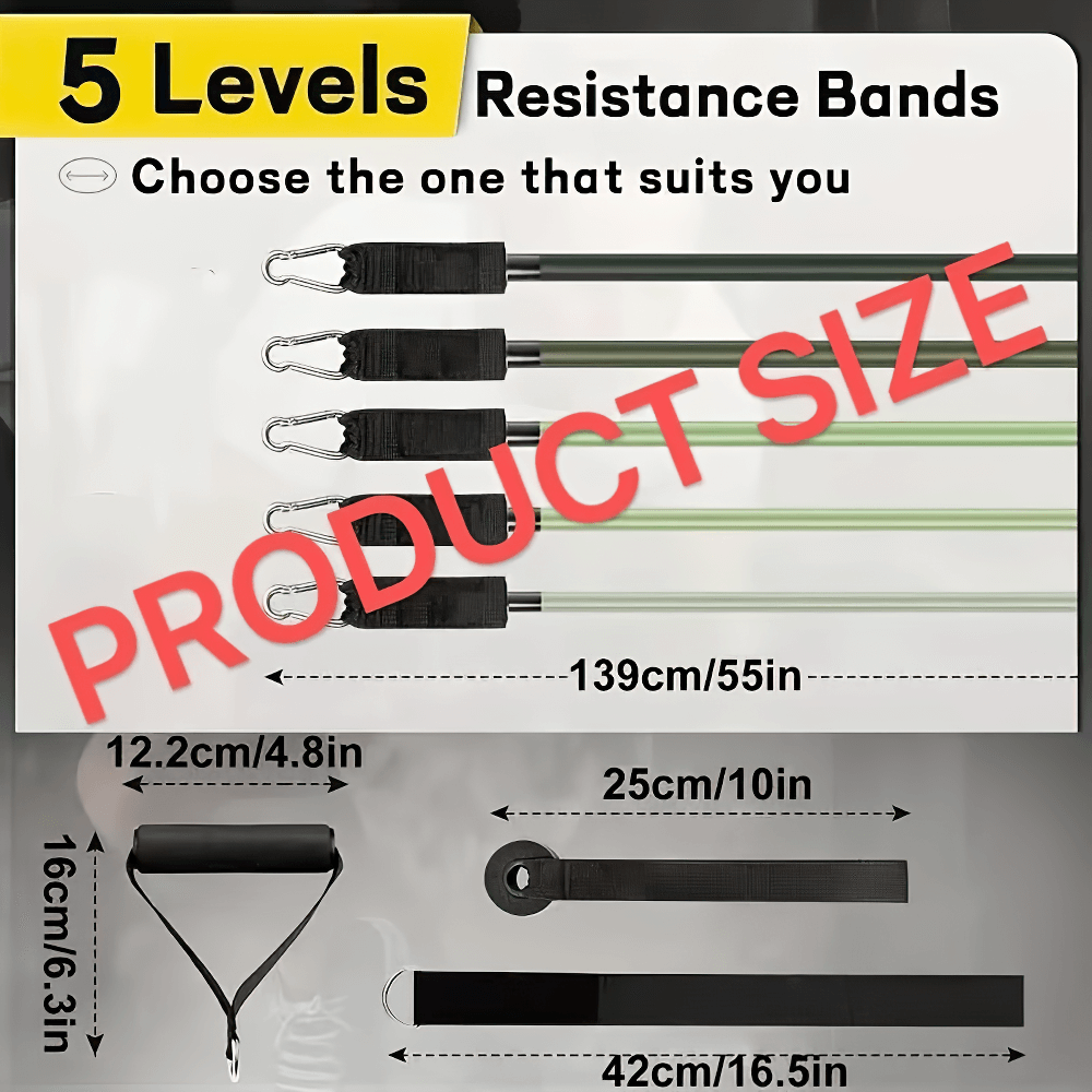 5 levels of adjustable resistance bands with dimensions for versatile workouts and customized tension in strength training.