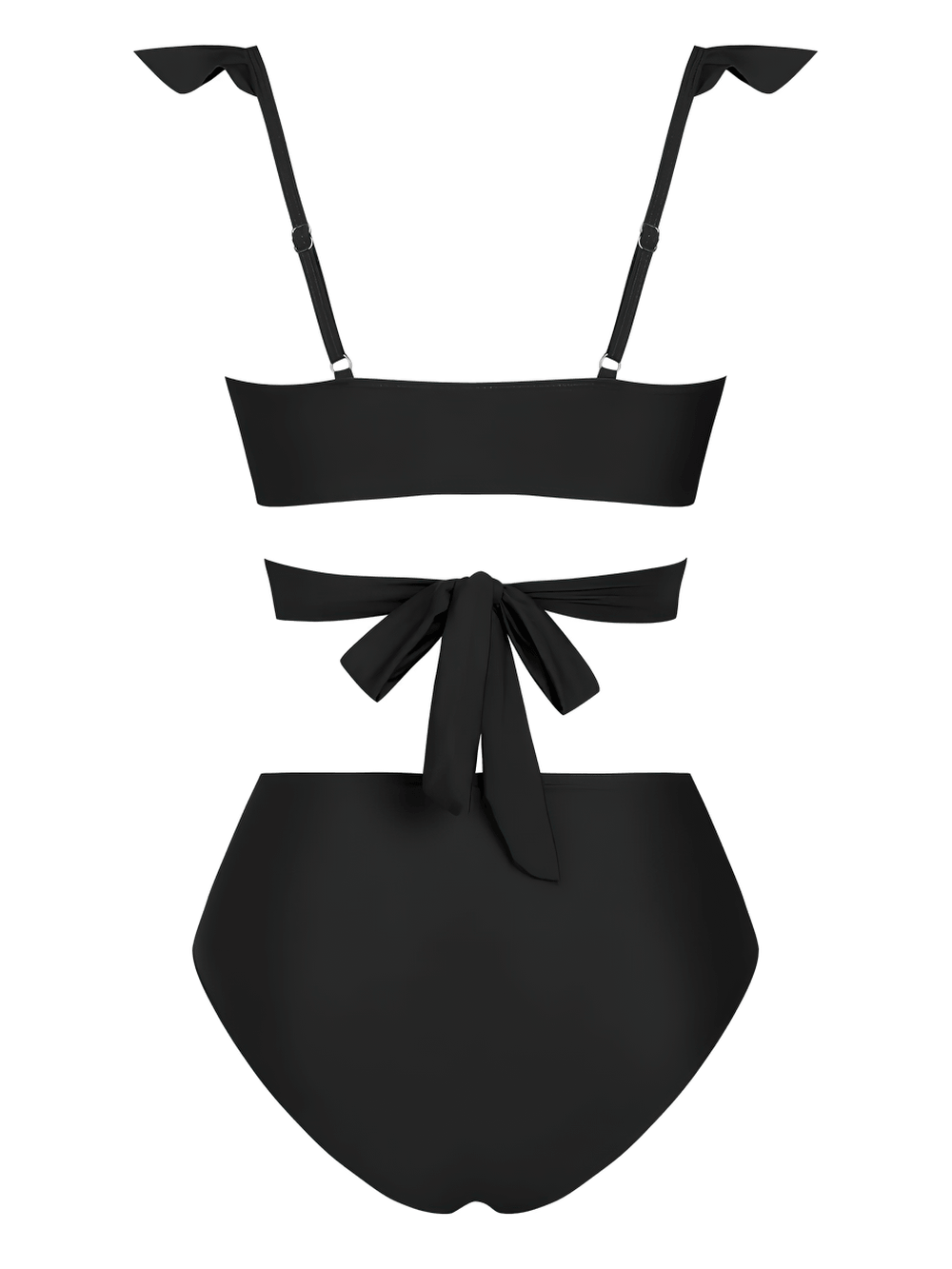 Black Ruffle Wrap High Waist Two Piece Swimsuit - SF4681 showcasing a stylish ruffle-shoulder top and high-waisted bottoms.