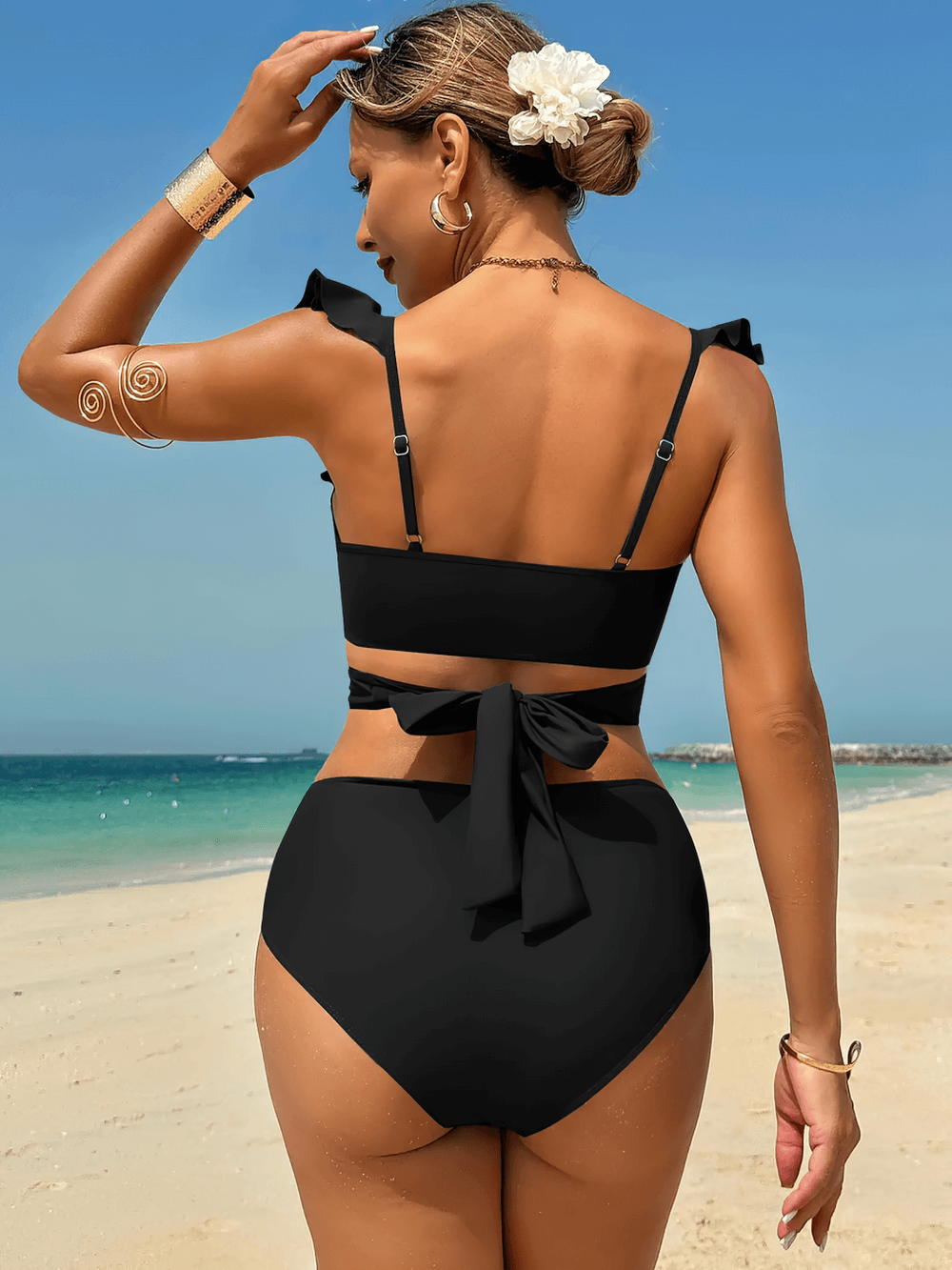 Black Ruffle Wrap High Waist Two Piece Swimsuit - SF4681 shown from the back, featuring ruffle-shoulder top and tie back.